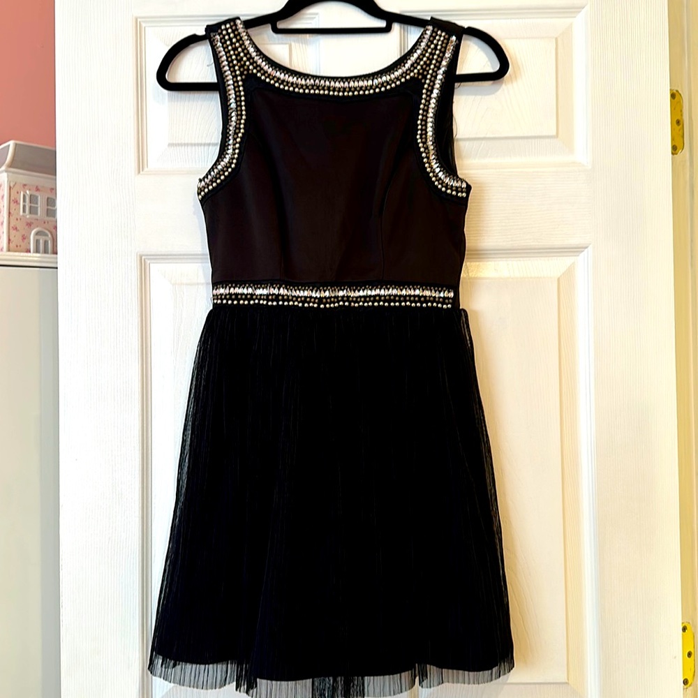 Black Dress with Silver and Gold Beaded Detail and a Tulle Skirt | Size 5